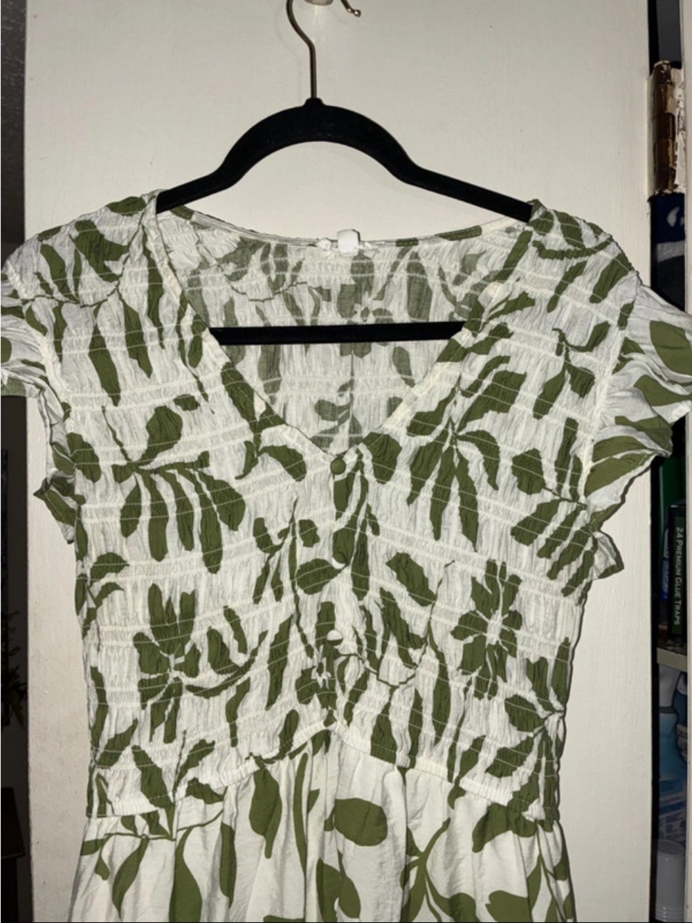 Blu Pepper White and Olive Green Smocked Leaf Print Top